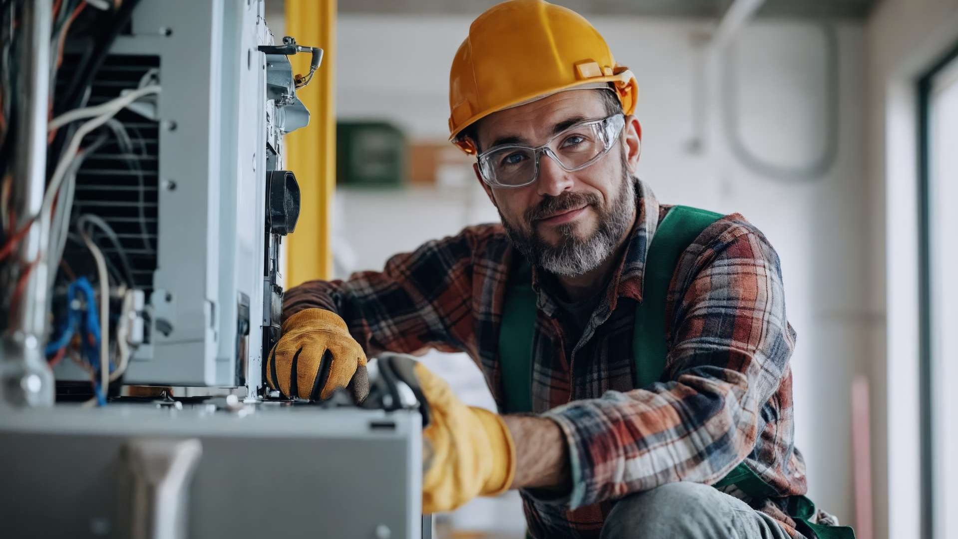 Concerned HVAC business owner analyzes invoices in bright office.