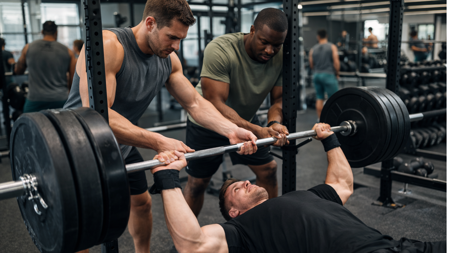 Group performing heavy deadlift as fitness test - one-rep max in modern gym