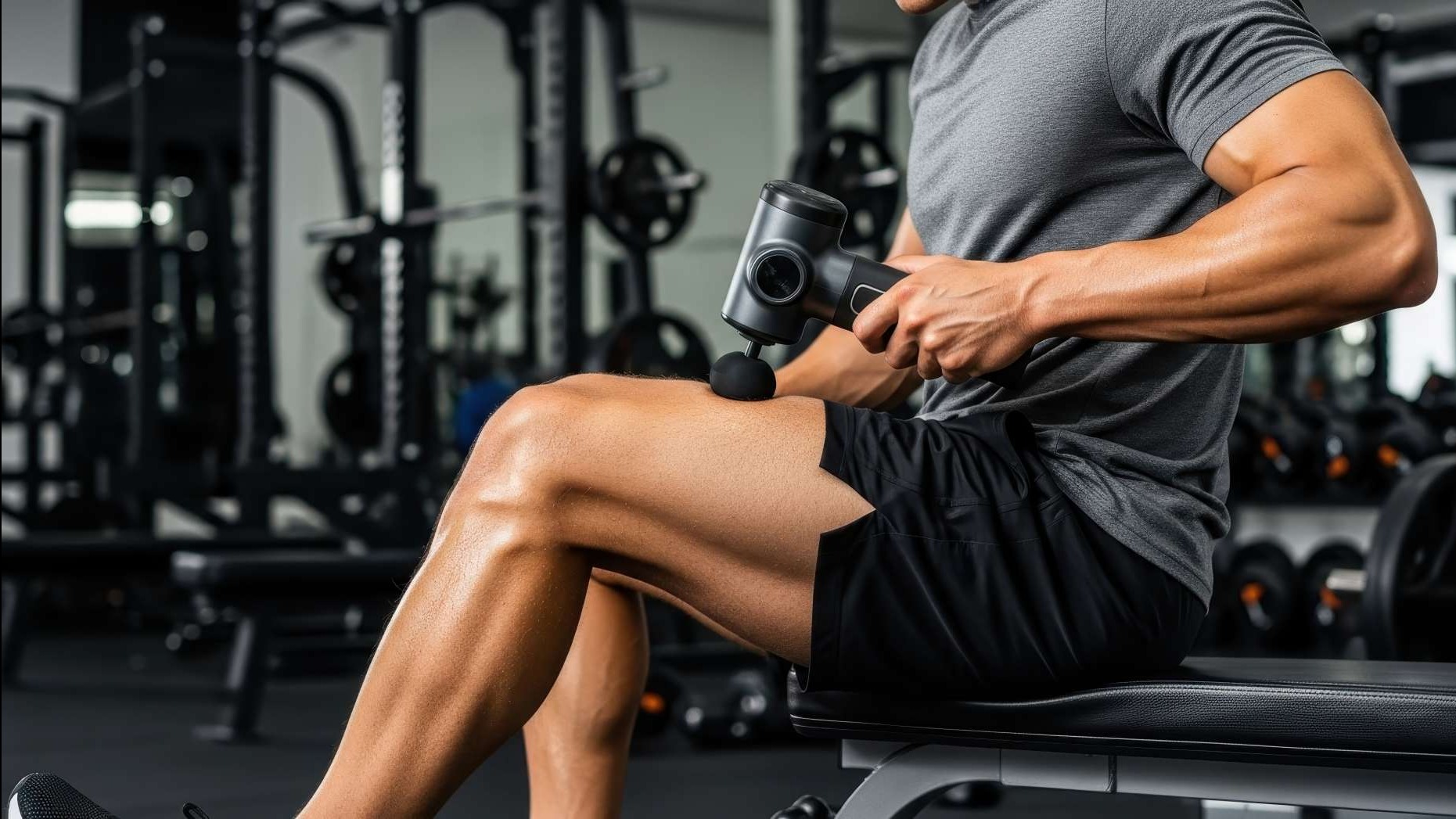 Athletic woman using a massage gun for muscle relief in a gym setting.