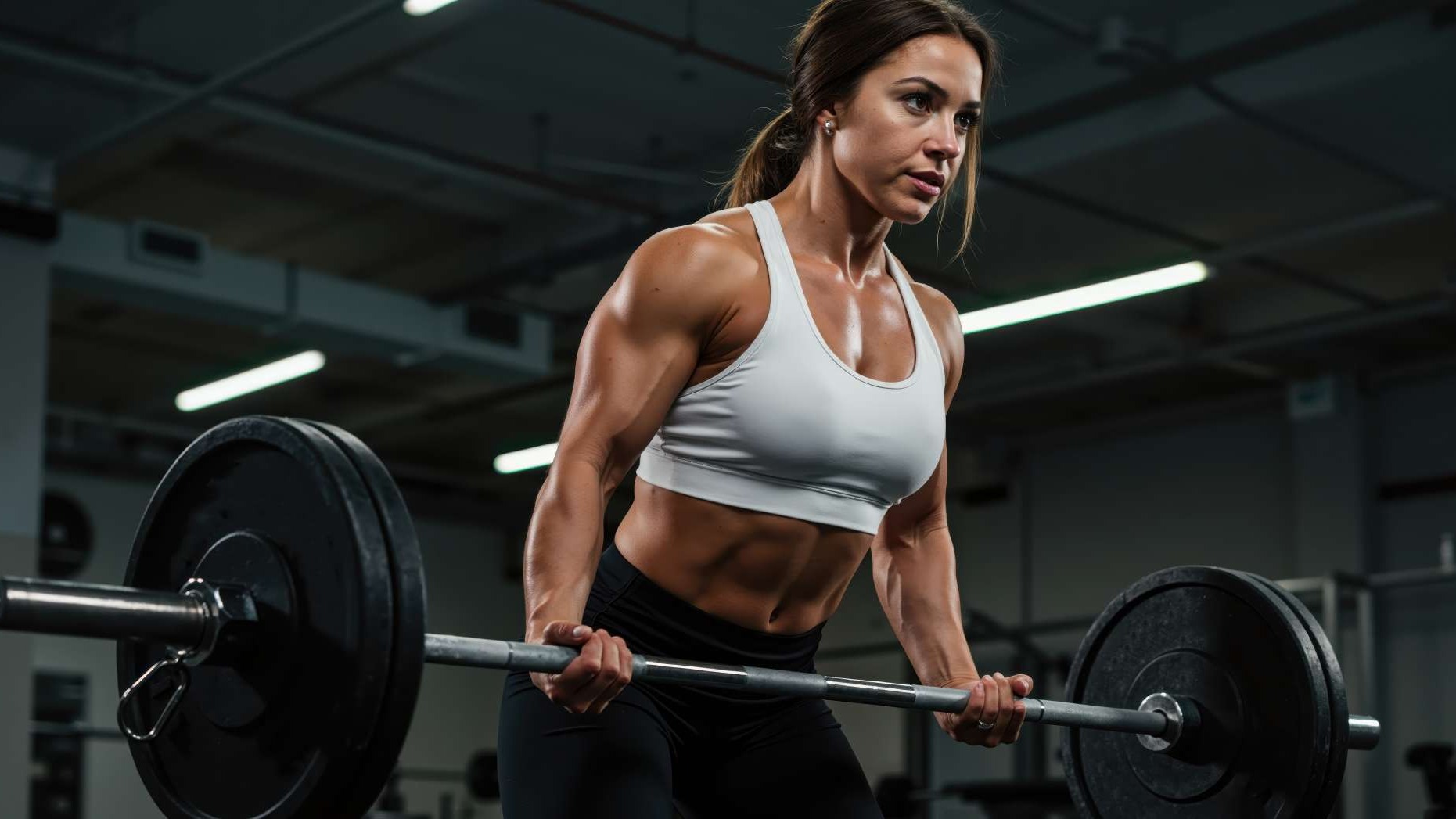 Determined athlete performing back strength exercises with a barbell mid-row.