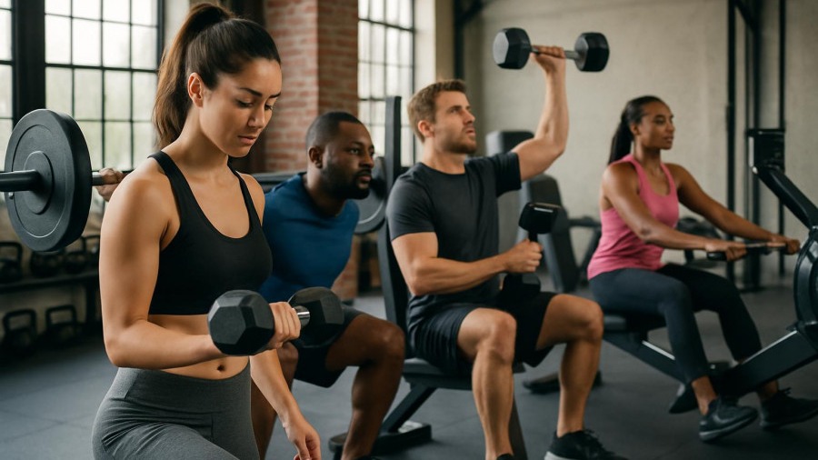 Members exercising inside a gym, showcasing vibrant fitness culture.