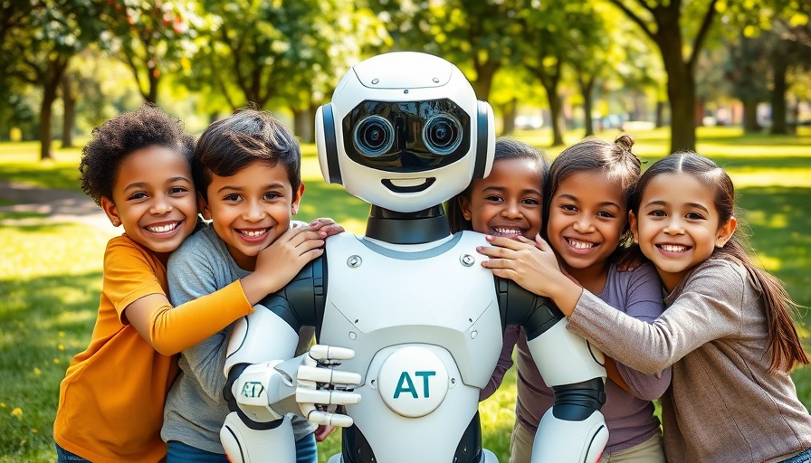 Happy children with AI robot in sunny park, invest in AI for children's future.