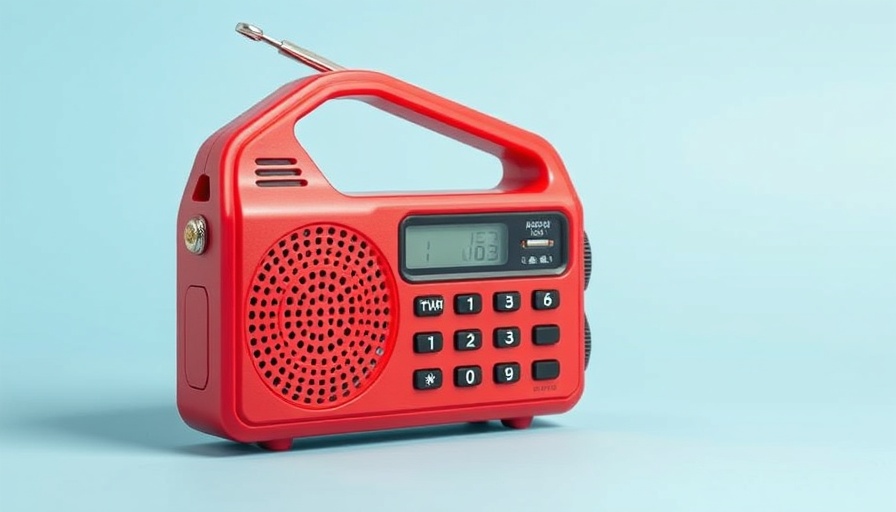 Red emergency radio for winter emergency kit against a blue background.