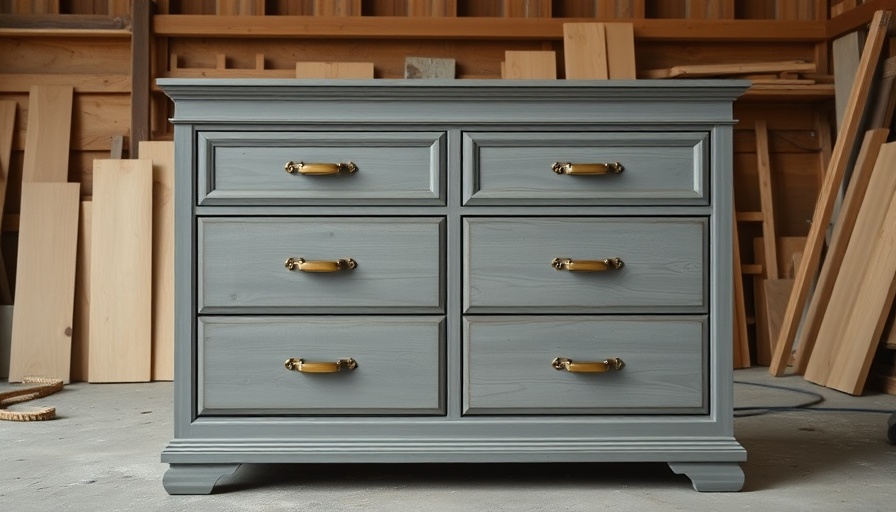 Elegant gray wooden dresser with brass handles in workshop.