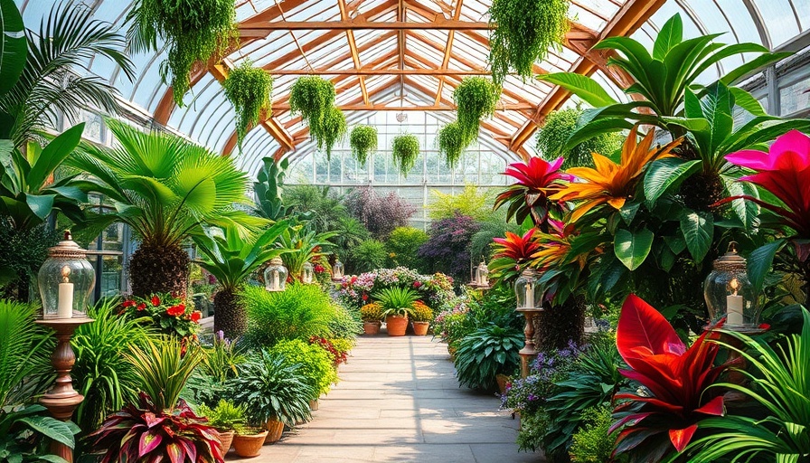 Greenhouse with stone flooring and vibrant plants inside.