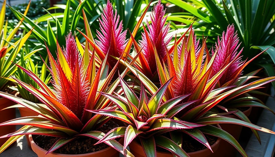 Vibrant dyckia bromeliads thriving in pots under sunlight.