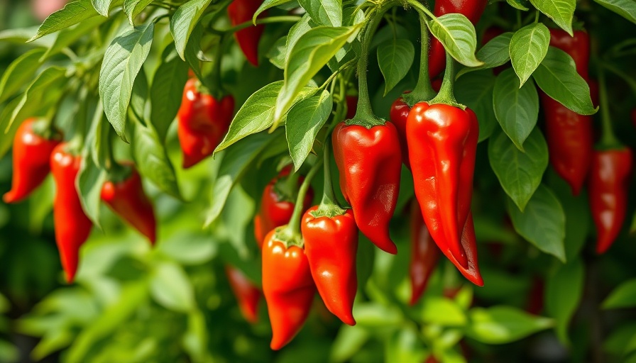 Vibrant red hot pepper plants in a garden for overwintering tips.