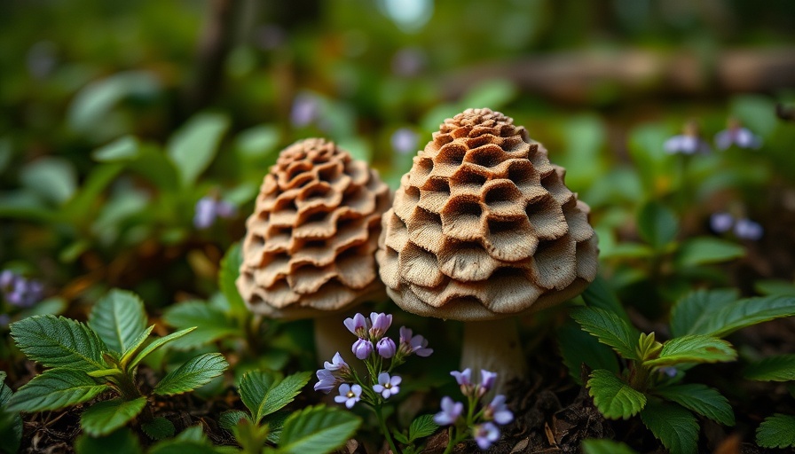 Morel mushrooms growing in a lush forest setting