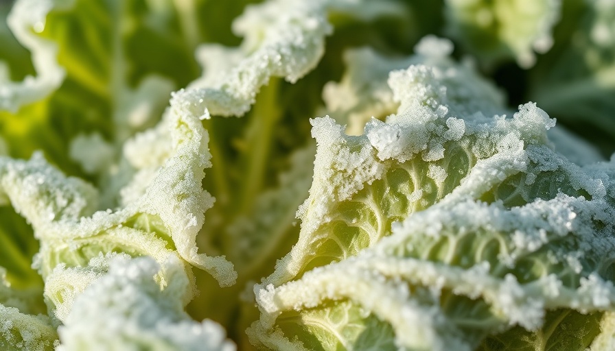 Frost-covered cabbage leaves in vegetable garden, managing frost damage in vegetable gardens.