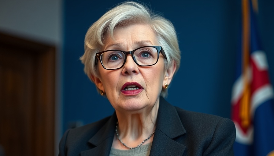 Elderly woman speaking about plastic pollution treaty in official setting.