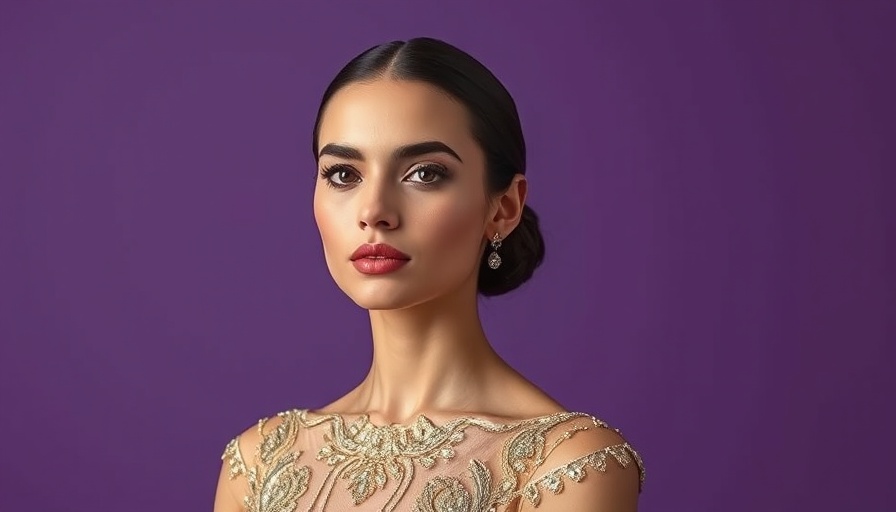 Elegant woman in gold dress with purple background.