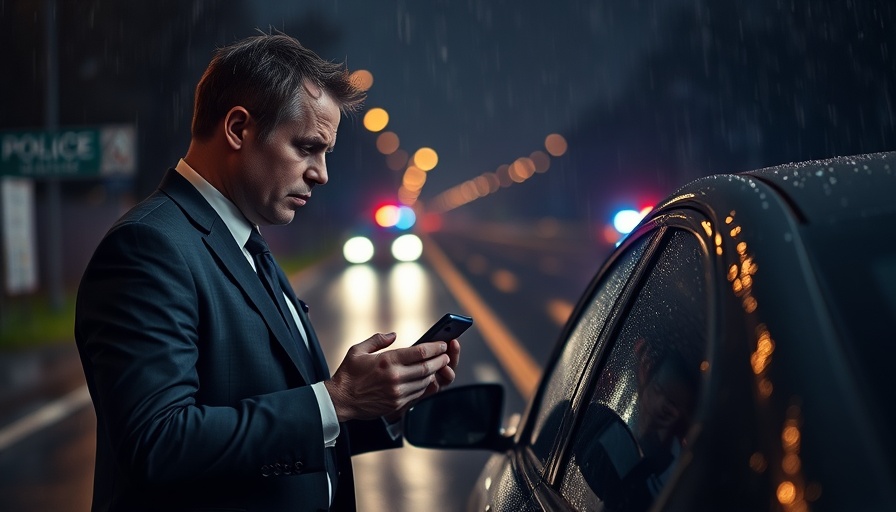 Worried man assessing health after a car accident on a rainy road.