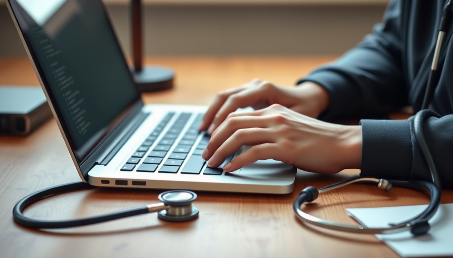 Focused hands typing on a laptop with a stethoscope beside it, highlighting medical negligence accountability.