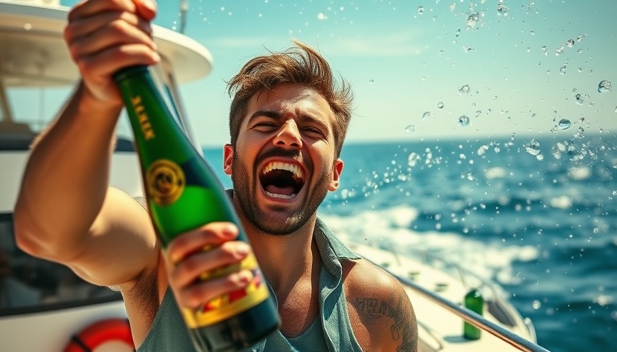 Ecstatic man celebrates with champagne spray during Vendee Globe.