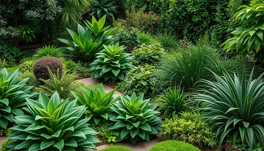 Lush garden with various plants and trees in a serene setting.