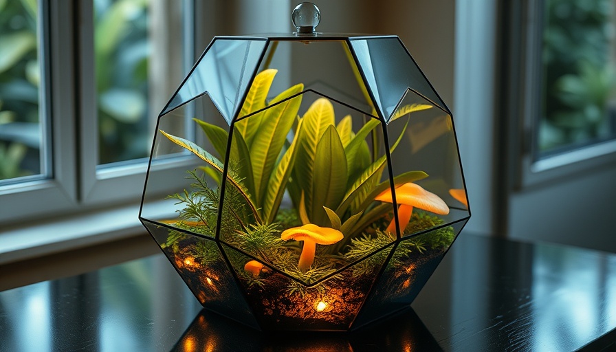 Tropical plants in geometric terrarium with warm lights, indoor decor