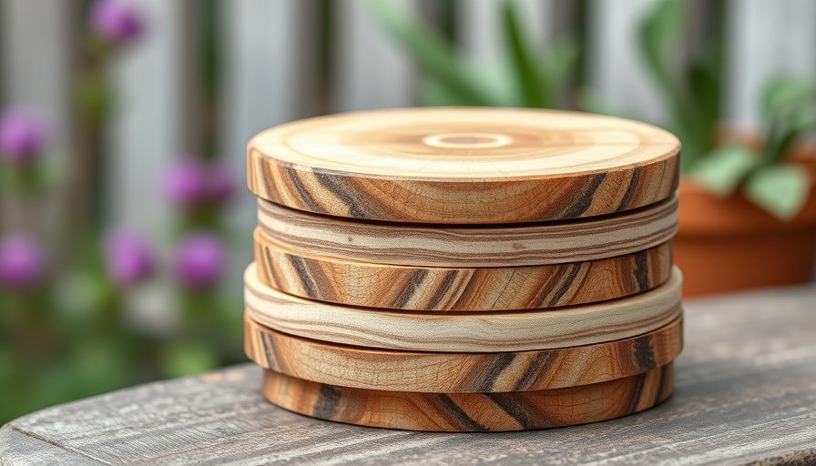 Rustic DIY wood coasters stacked, natural setting, detailed view.