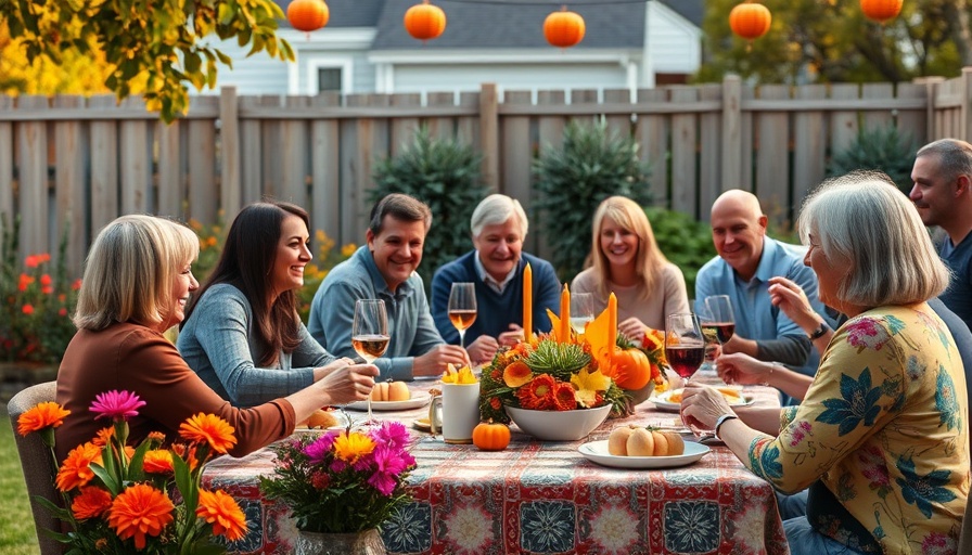 Garden-themed Friendsgiving dinner with vibrant flowers and people dining.