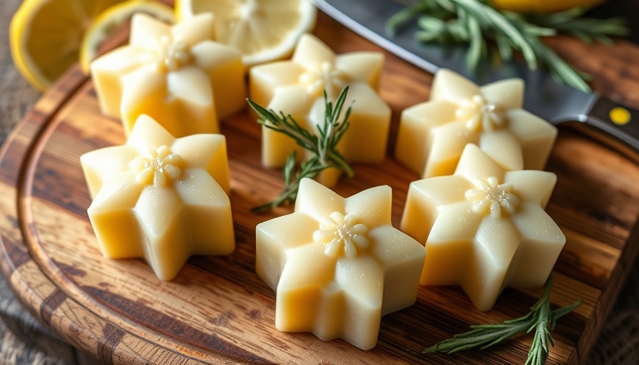 Star-shaped rosemary lemon soap bars on cutting board.