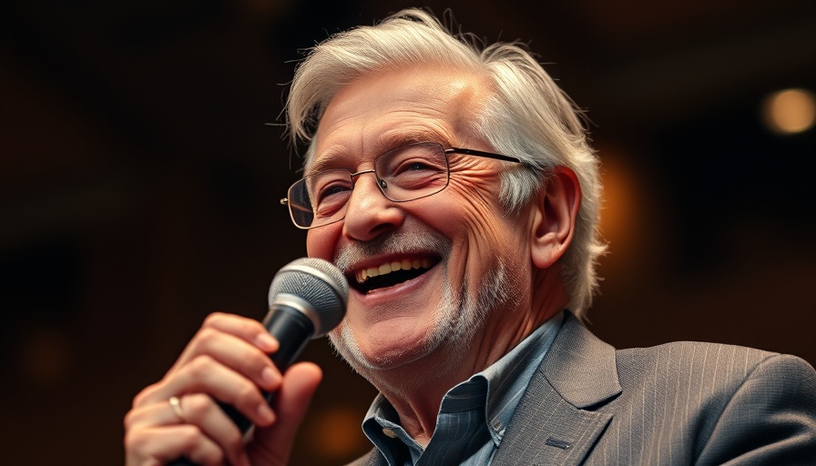 Elderly man engaging audience in senior living community event.