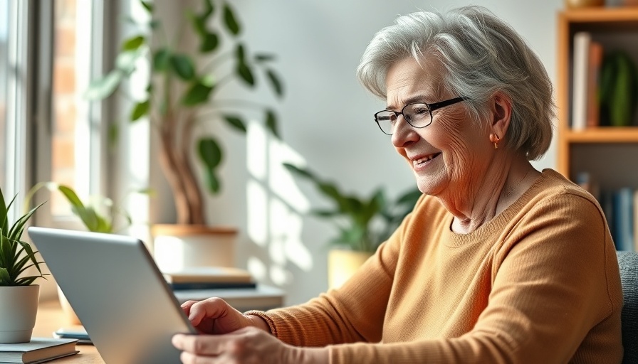 Senior woman enjoying an online Spanish class at home, smiling.