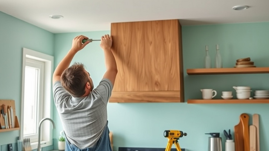 DIY kitchen remodel scene with range hood installation.