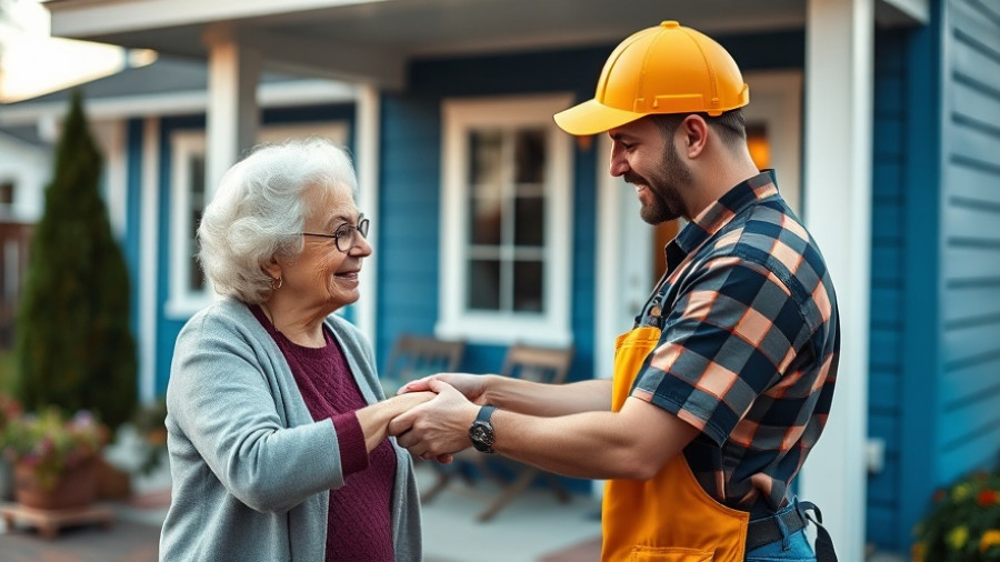Home renovation help for elderly woman on patio.