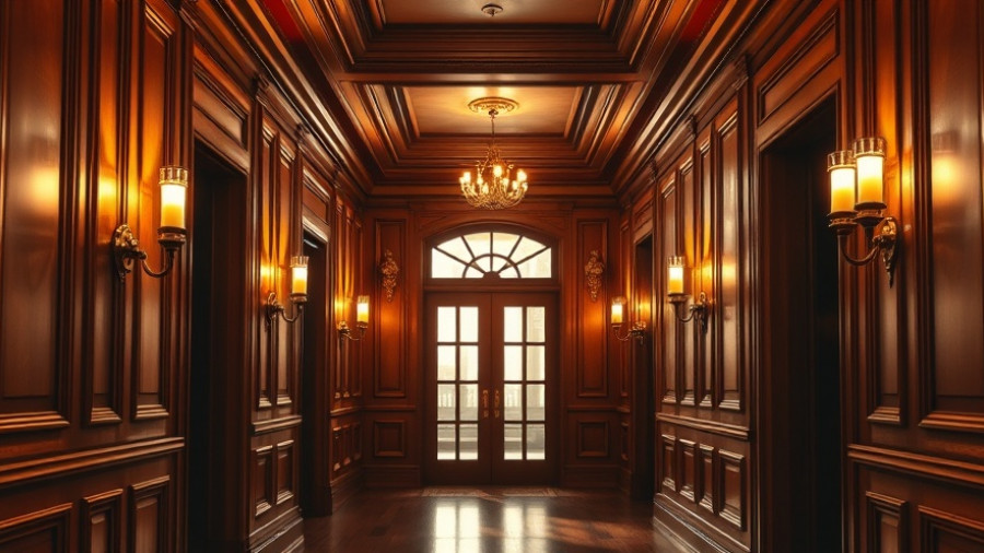 Luxurious wooden hallway with elegant sconces and moldings, narrow hallway design ideas.