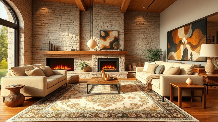 Elegant modern living room with stone wall design and fireplace.