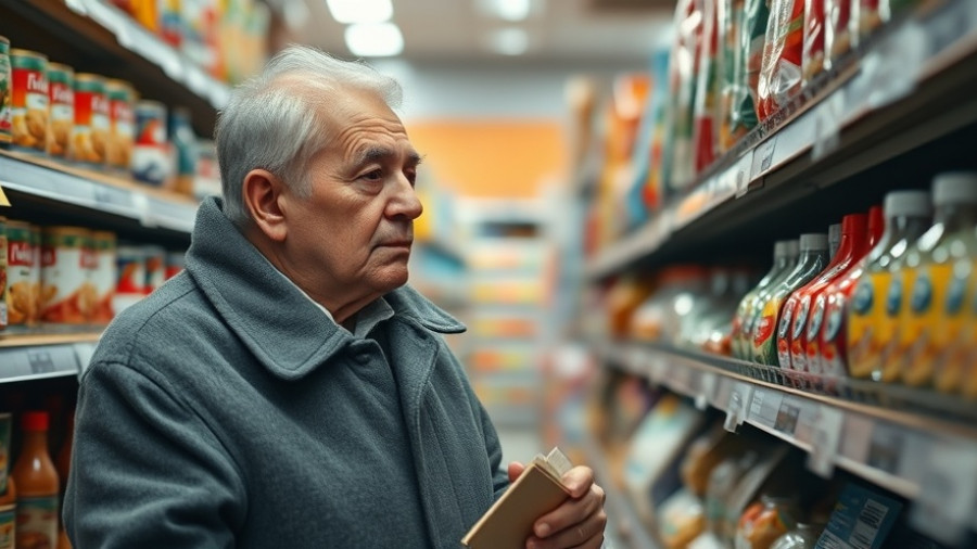 Elderly shopper in grocery aisle looking at items, SNAP and WIC cuts impact.