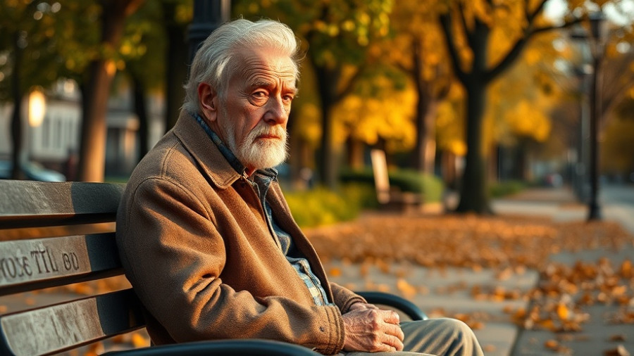 Elderly man in urban park, contemplating life amidst autumn leaves.