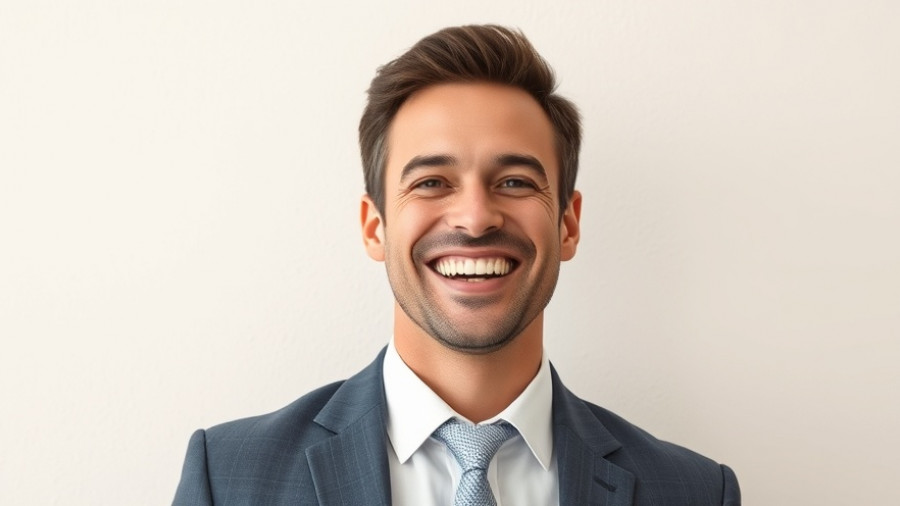 Confident professional man smiling against a plain background, coping with job uncertainty.