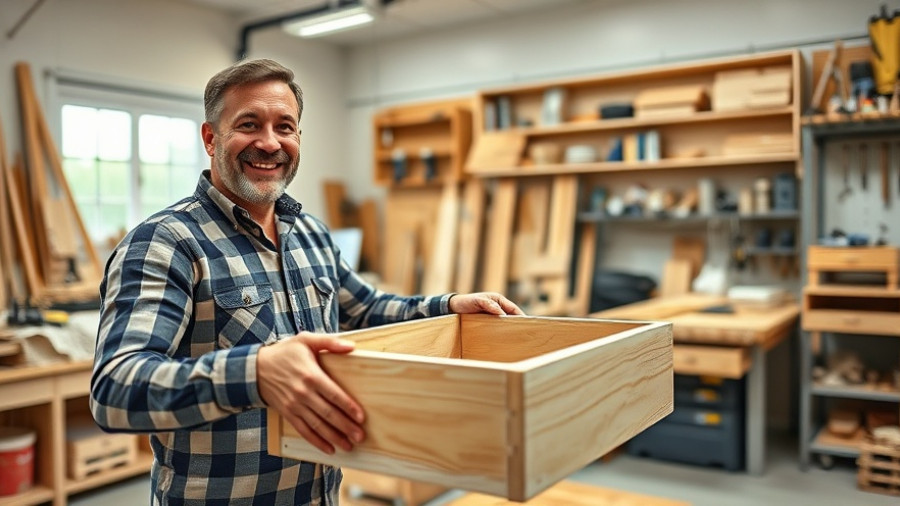 Smiling man assembling drawer, showcasing clutter-free kitchen solutions.