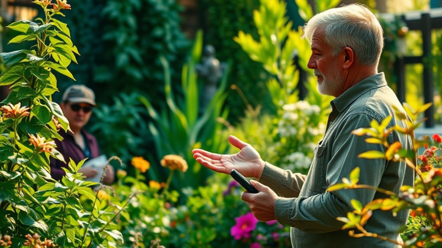 Luxury garden scene with lush greenery and man explaining.