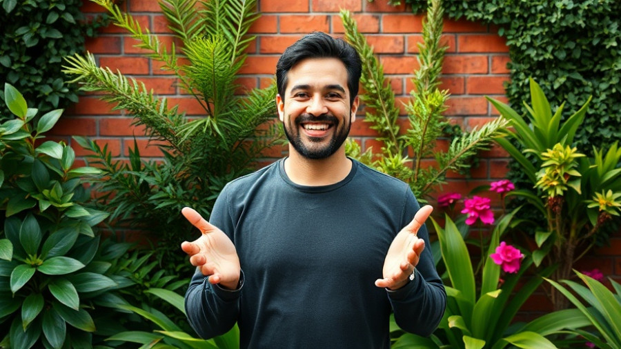 Smiling man in garden, Laundry Room Makeover excitement.
