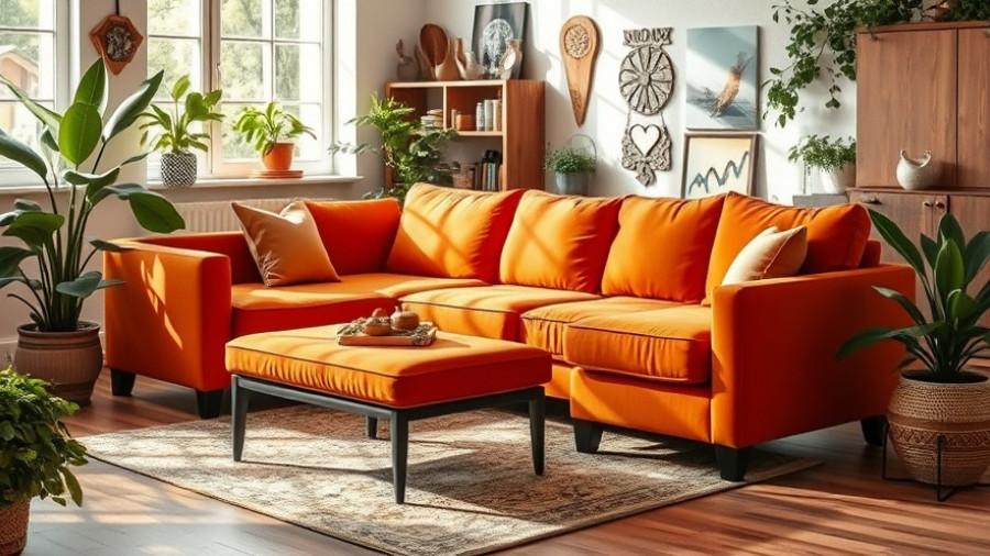 Orange boneless couch longevity in a cozy room with plants.