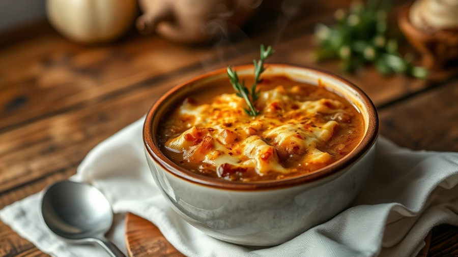 French onion soup recipe with melted cheese and thyme in a bowl.