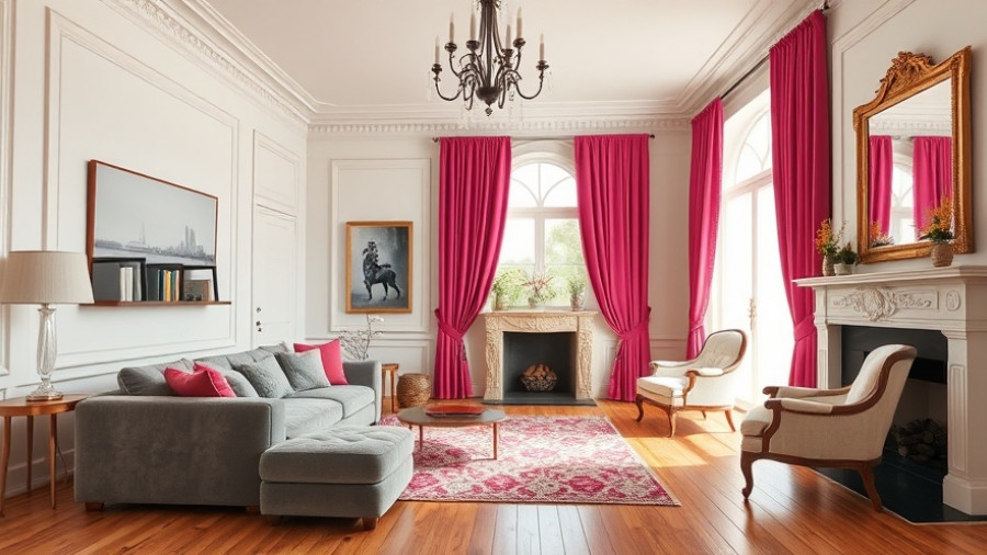 Modern living room with stylish window treatments.