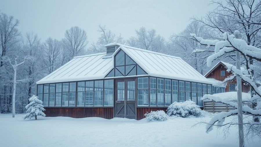 Snow-covered greenhouse in winter landscape, serene and tranquil.