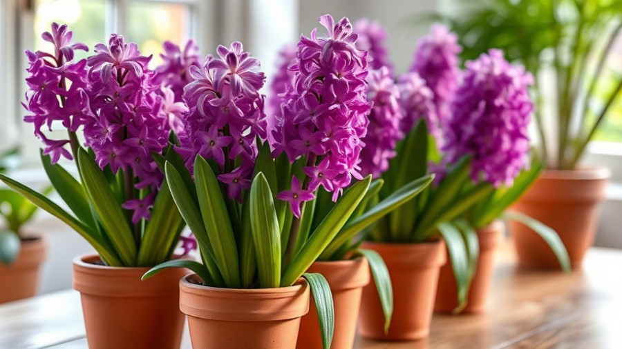 Vibrant hyacinths forcing spring bulbs indoors, potted on a table.