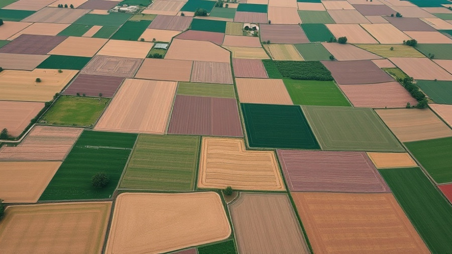 Aerial view of patchwork farmland highlighting mineral rights.