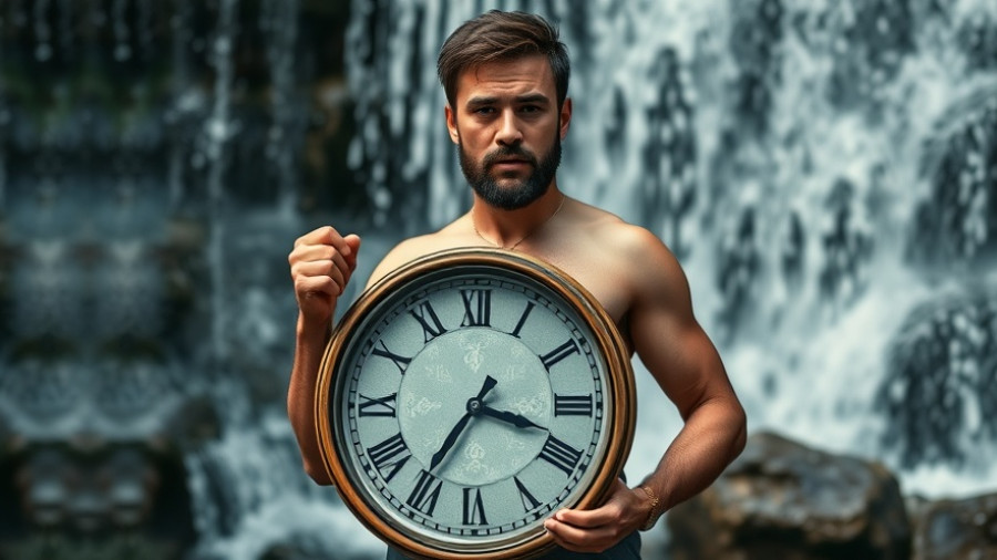 Man with clock at waterfall symbolizing spending money to save time.