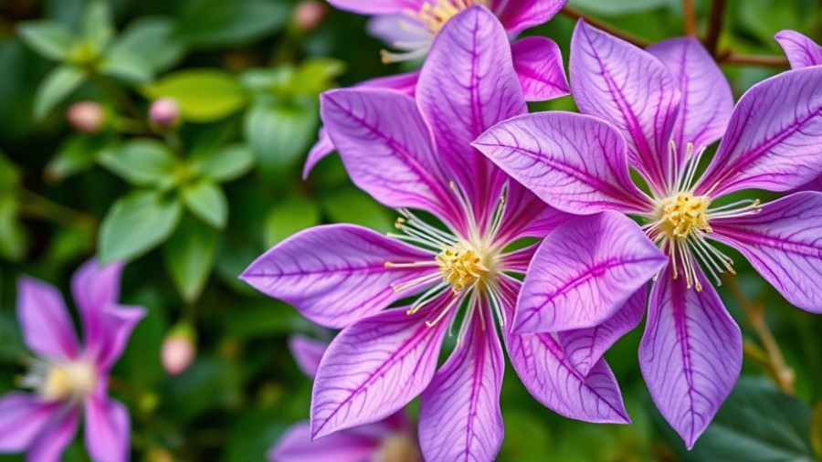 Beautiful clematis flowers in lush garden setting.