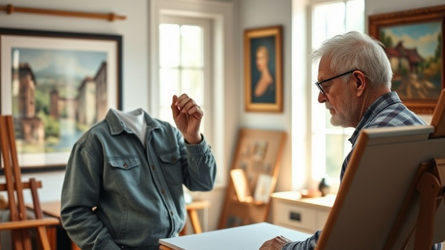 Elderly man adjusting glasses by drawing table, Stan Mack's Real Life Funnies.