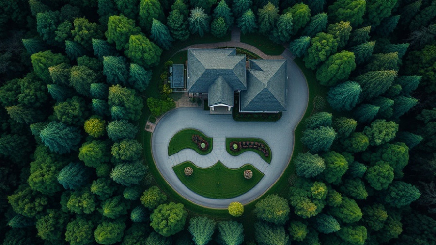Aerial view of a luxurious home surrounded by lush greenery.