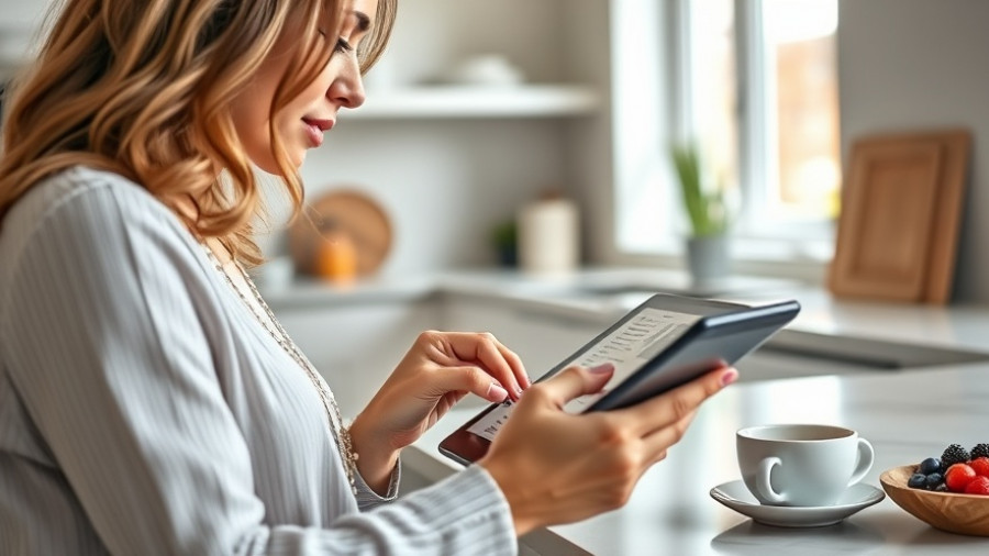 Woman reviewing home renovation checklist on tablet in kitchen.