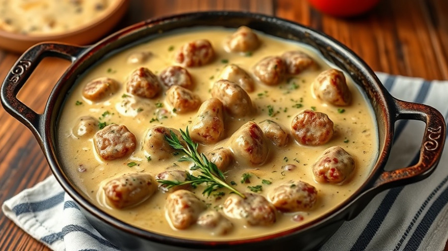 Delicious homemade easy sausage gravy recipe in a skillet, garnished.