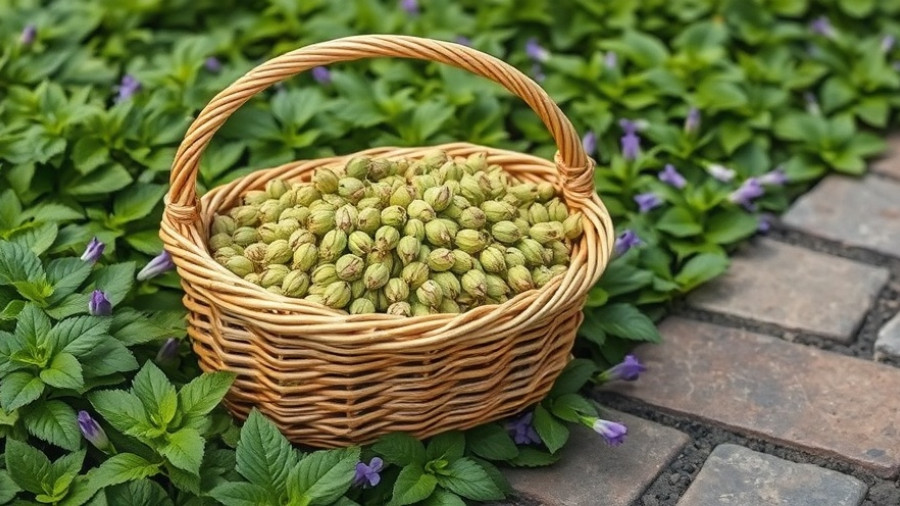 Woven basket of fresh hops on leafy ground cover.