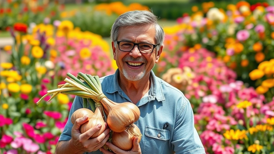 Man excitedly holding large onions in a colorful garden.