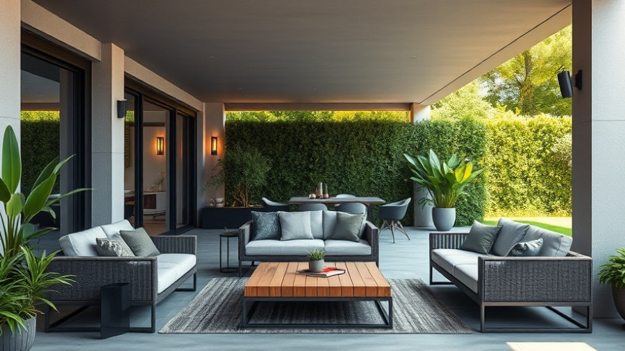 Modern patio design with elegant furniture and greenery.